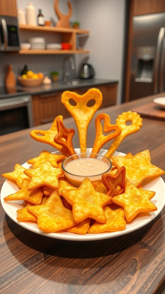 A plate of 3D printed potato chips in fun shapes with a bowl of dip.